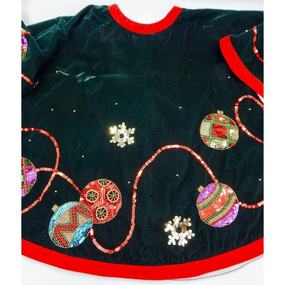 Christmas Tree Skirt Sequined Beaded Velvet Black Round 56 In Ornament Tradition - Picture 1 of 11